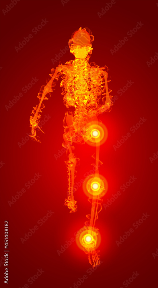 walking fire skeleton by X-rays in red - back view walking fire skeleton by X-rays in red - back view