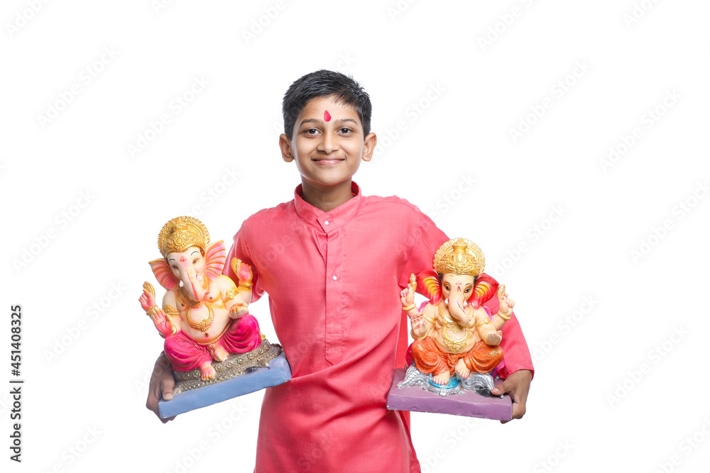 Indian little child celebrate lord ganesha festival Indian little child celebrate lord ganesha festival