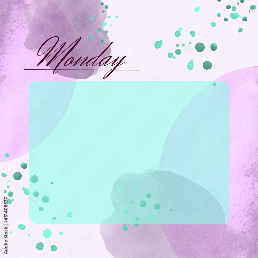Abstract art background vector. Card with watercolor background with pink and blue abstract. Week to do list. Glider for Monday