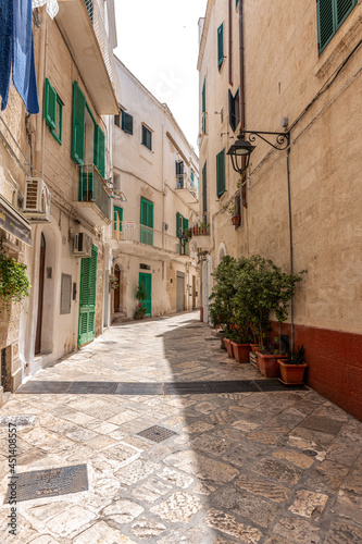 malownicza uliczka białych kamienic z zielonymi okiennicami. Monopoli, Puglia, Włochy
