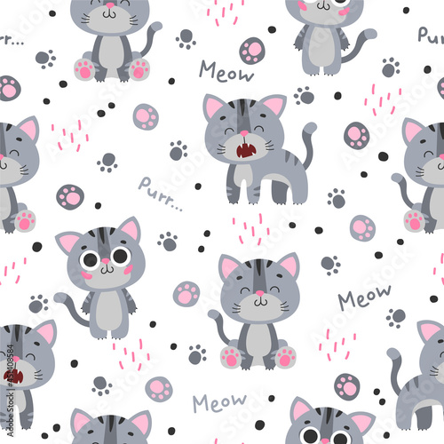 Seamless pattern with cute gray cat, kitty, kitten with black stripes, paws, word meow, purr on white background. Vector illustration, print for packaging, fabrics, wallpapers, textiles.