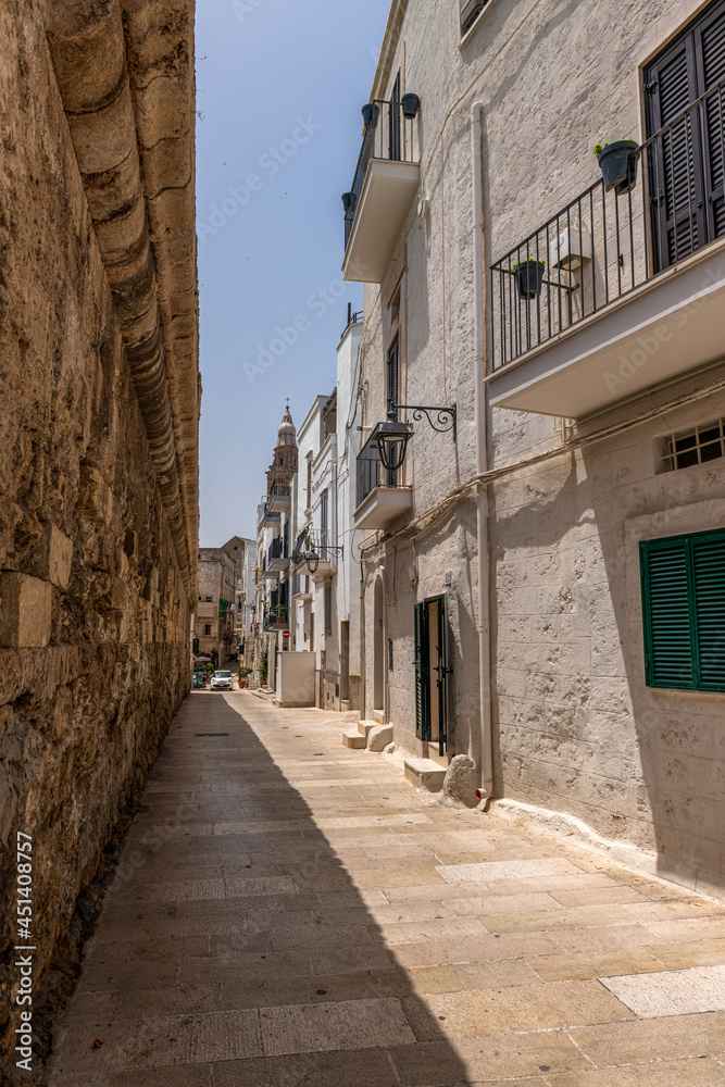 kamienice mieszkalne tuż przy kamiennym murze. Monopoli, Puglia, Italia