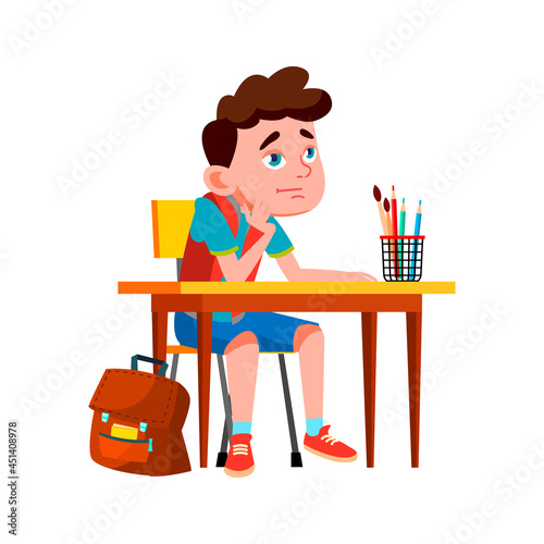 Boy Pupil On School Lesson And Thinking Vector. Caucasian Preteen Kid Sitting At Desk And Thinking About Problem. Thoughtful Character Child Studying Time Flat Cartoon Illustration