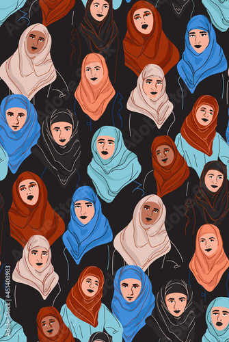 Muslim diversity women in hijab, young arab girl in color headscarf.  WOman Portrait in tradiotion islamic clothes blue nude beige orange colors, arabian girl in traditional robe