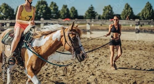 girl trains horse on a beautiful summer day.
