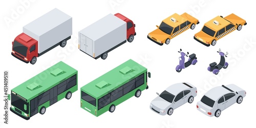 Isometric 3d city transport, transportation vehicles, cars. Front and back view of sedan car, public bus, cargo truck, scooter vector set. Yellow cab or taxi for passengers, private automobile