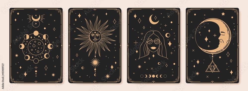 Mystical astrology tarot cards, bohemian occult card. Vintage engraved  esoteric cards with moon phases, sacred sun and stars vector set. Female  character with loon stages, sun sign Stock Vector | Adobe Stock