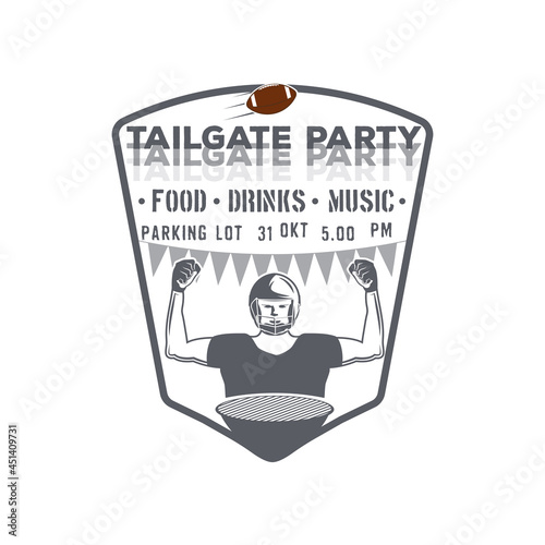 Tailgate party emblem monochrome badge with rugby player and grill