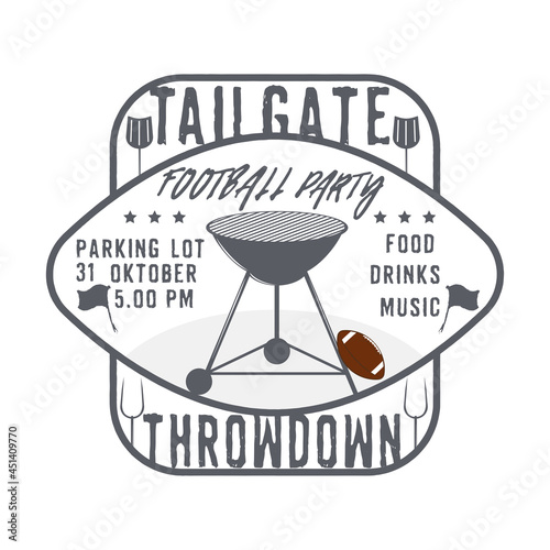 Tailgate party emblem monochrome grill badge with rugby ball