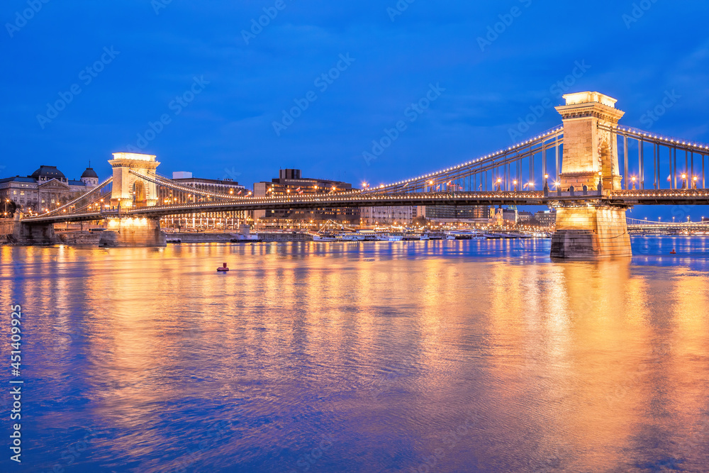 Badapest with famous chain bridge in the evening, Hungary