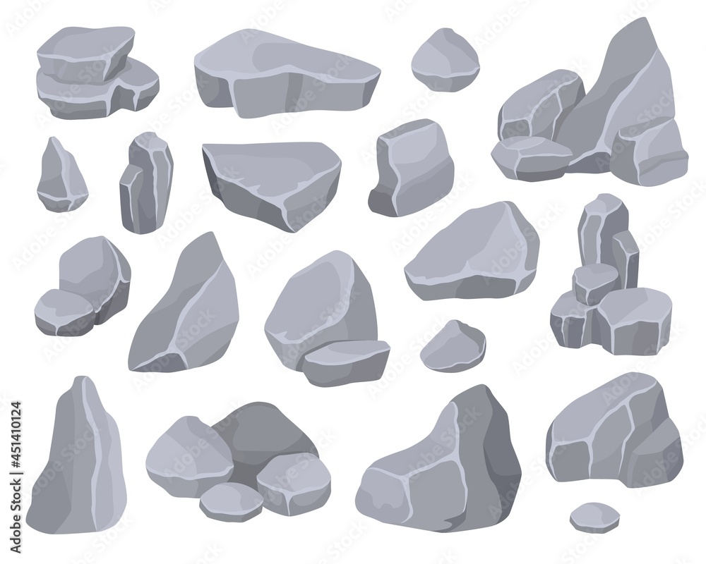 Cartoon grey rock stones rubbles, boulders and mountain cliffs. Stone formations, pile of rocky debris, minerals or rocks rubble vector set. Various cracked hard naturals materials