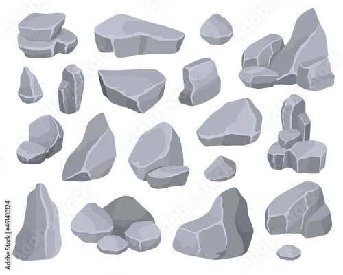 Cartoon grey rock stones rubbles, boulders and mountain cliffs. Stone formations, pile of rocky debris, minerals or rocks rubble vector set. Various cracked hard naturals materials