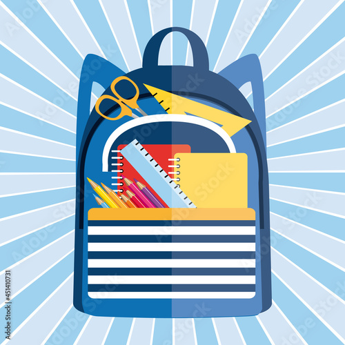 School bag filled with school supplies. Vector icon.