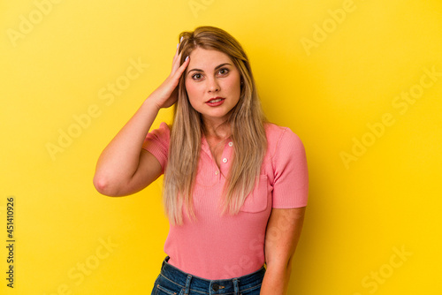 Young russian woman isolated on yellow background being shocked, she has remembered important meeting.