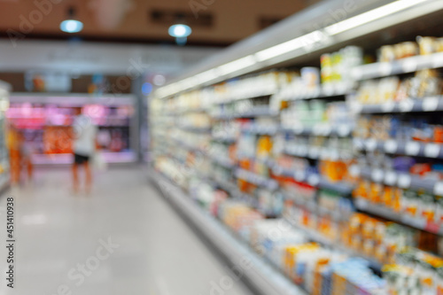 Abstract blurred supermarket shelves with products for background