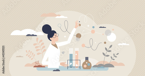 Woman scientist as professional female occupation or work tiny person concept. Chemist career with high education and intelligence level vector illustration. Chemical researcher or physics specialist.
