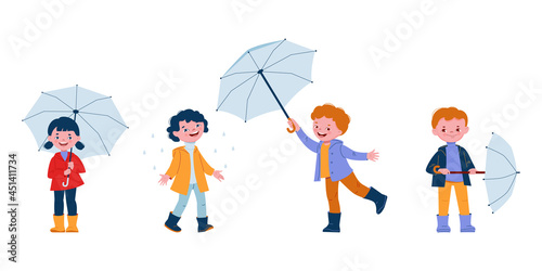 Cute smiling kids with umbrellas in rubber boots. Set of vector illustrations in flat cartoon style.
