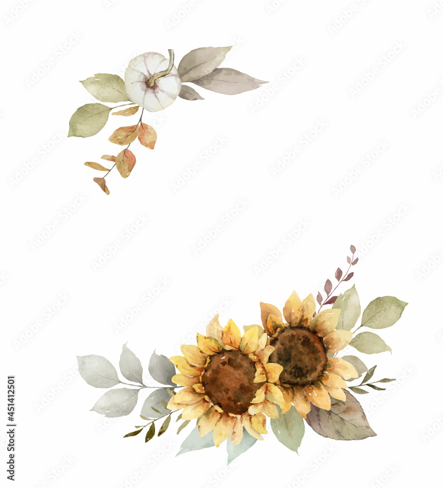 Watercolor vector autumn wreath with sunflower, leaves and branches ...