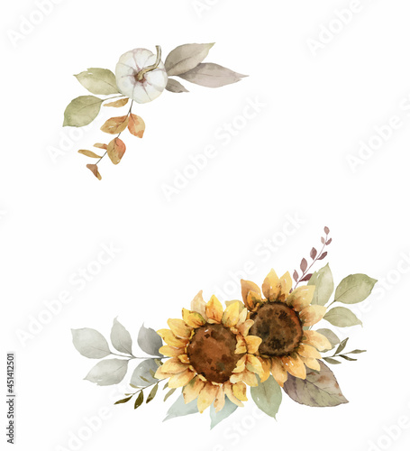 Watercolor vector autumn wreath with sunflower, leaves and branches.