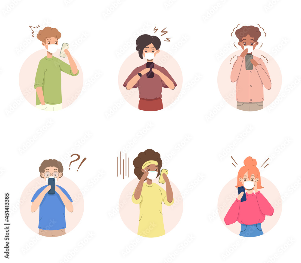 Portrait of different people in medical face mask in shock and surprised holding and looking at smartphone set. Emotional gesturing people. Men and women in stress, panicked or disappointed. Vector Portrait of different people in medical face mask in shock and surprised holding and looking at smartphone set. Emotional gesturing people. Men and women in stress, panicked or disappointed. Vector