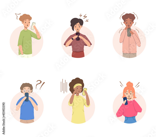 Portrait of different people in shock and surprised holding and looking at smartphone set. Emotional gesturing people. Men and women in stress, panicked or disappointed . Vector flat illustration.