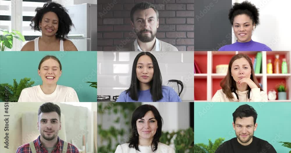 Collage screen view of many diverse people looking talking to webcam making video call. Group distance chat, remote elearning, virtual meeting, work from home office, online videoconferencing concept.