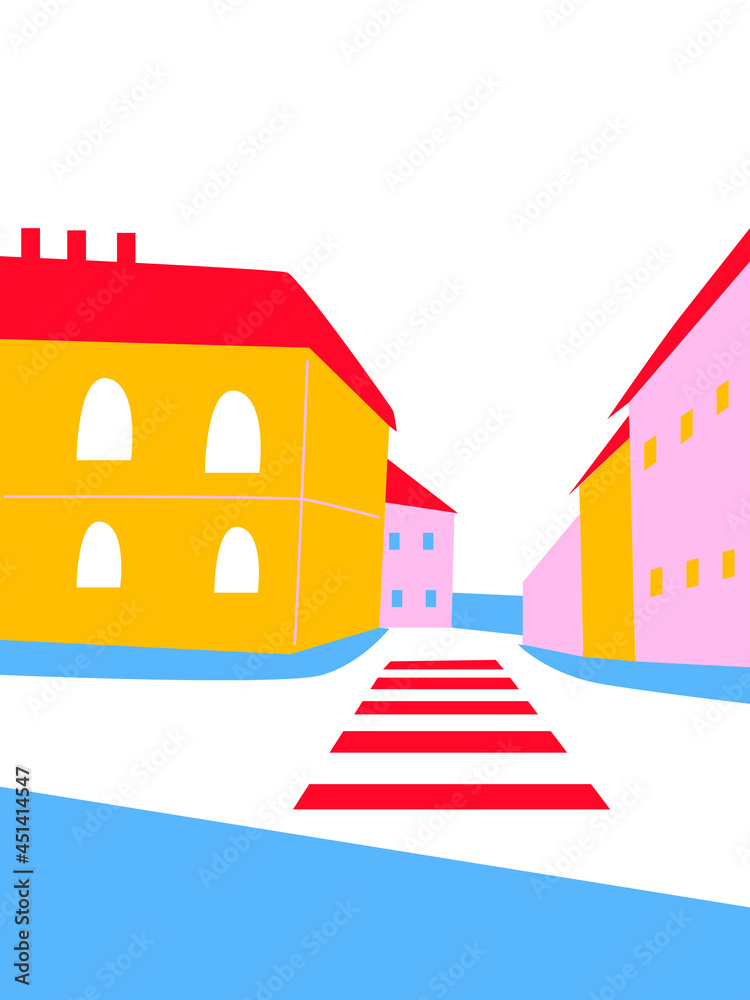 Abstract architecture background geometric style. Urban landscape drawing vector. Cartoon vector buildings illustration.Trendy homes with windows, roof. Colored flat vector illustration.Travel art.