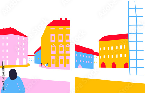 People in the big city. Vector cute illustrations of people and families on the city streets. Freehand drawings for poster, card and cover. Landscape city centre with many building.