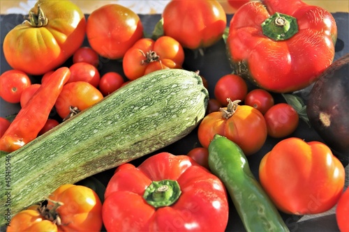 close up of variety of tomatoes, peppers and zucchini