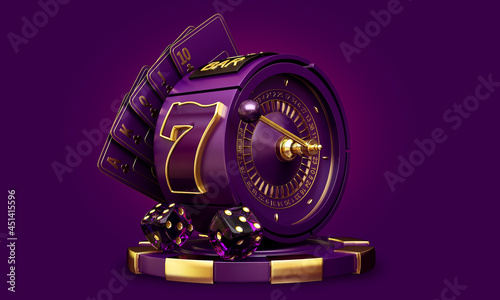 casino mix slot machine roulette dice set card chips 3d render 3d rendering illustration 