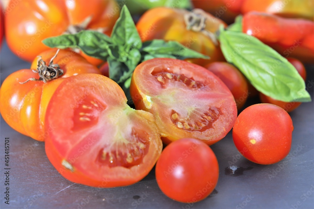 close up of tomatoes and peppers - view from above close up of tomatoes and peppers - view from above