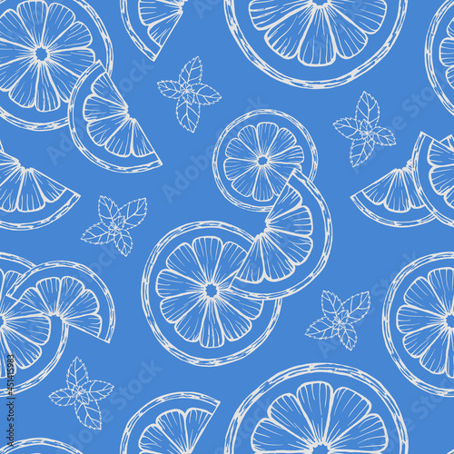 hand drawn seamless blue pattern outline of lemon or orange slices and mint leaves