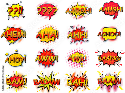 Comic speech bubbles set with different emotions and text aargh, aaugh, ahem, ahh, achoo, ahoy, aww, awk, baang, bam, badam, bah, baam isolated on white background high resolution 