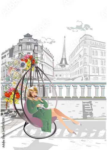 Set of Paris illustrations with fashion girls, cafes and sights. Vector illustration.