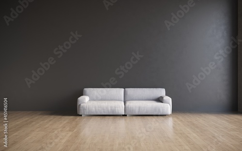 3d visualization of a large spacious modern interior with a concrete wall and a comfortable sofa with pillows, 3d render with copy space on an empty dark wall. 