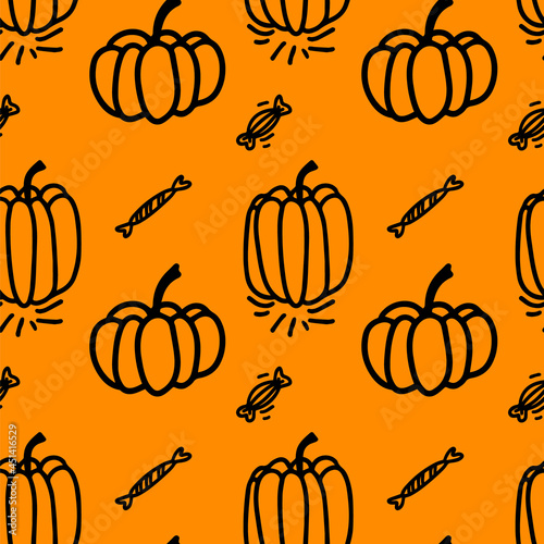 Vector halloween seamless pattern pumpkins, sweets and candies clipart on the orange. Funny, cute illustration for seasonal design, textile, decoration kids playroom or greeting card. Hand drawn art.