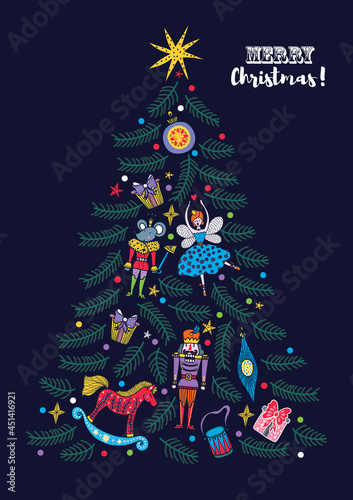 Christmas tree with toys from the ballet Nutcracker. Christmas illustration.