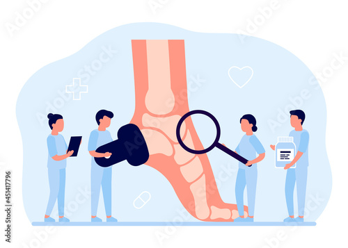 Health care, checkup orthopedic doctor human foot with bones. Orthopedist doing medical diagnostics and examination feet. Foot deformation, pathologies of foot, flat foot. Joint leg pain. Vector