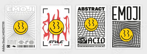 Abstract emoji poster. Acid Graphic style, Rave, Text design, Posters isolated on paper with shadow and noise, set 