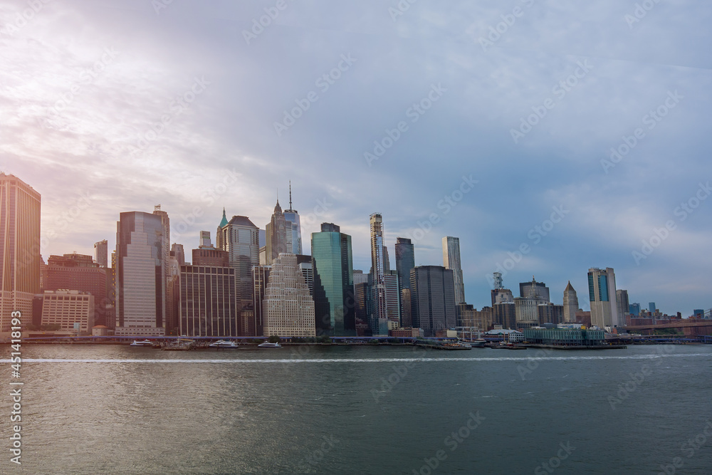 Beautiful America of aerial view on New York City Manhattan skyline panorama with skyscrapers over Hudson River