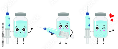 Cute vector of vaccine bottle character. Vaccination fight coronavirus (2019-nCoV), Alcohol gel for against COVID-19, Protection from viruses attack, smile, injection, isolated on white background 2