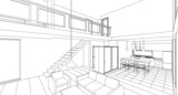 house interior kitchen living room 3d illustration