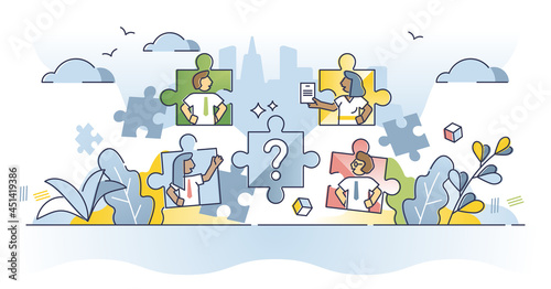 Job search and recruitment candidates professional selection outline concept. Competition for work in company as career growth vector illustration. Looking for human talent as jigsaw puzzle pieces.