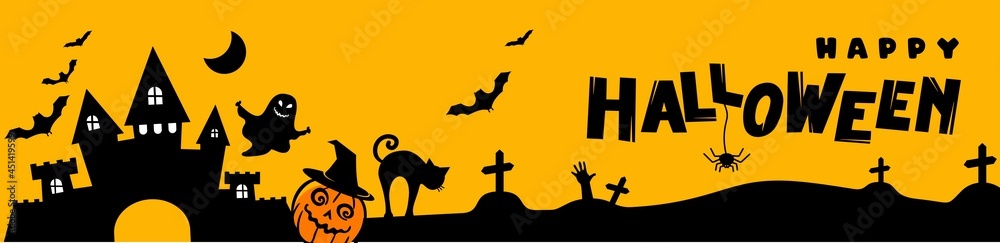 Halloween. A poster for the celebration of Halloween with ghosts, pumpkins, a black cat and bats on an orange background. For use in web design, postcards, posters, printing. Vector illustration.