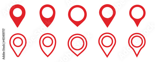 Location icons set red. Modern map markers. Vector illustration isolated on white background.