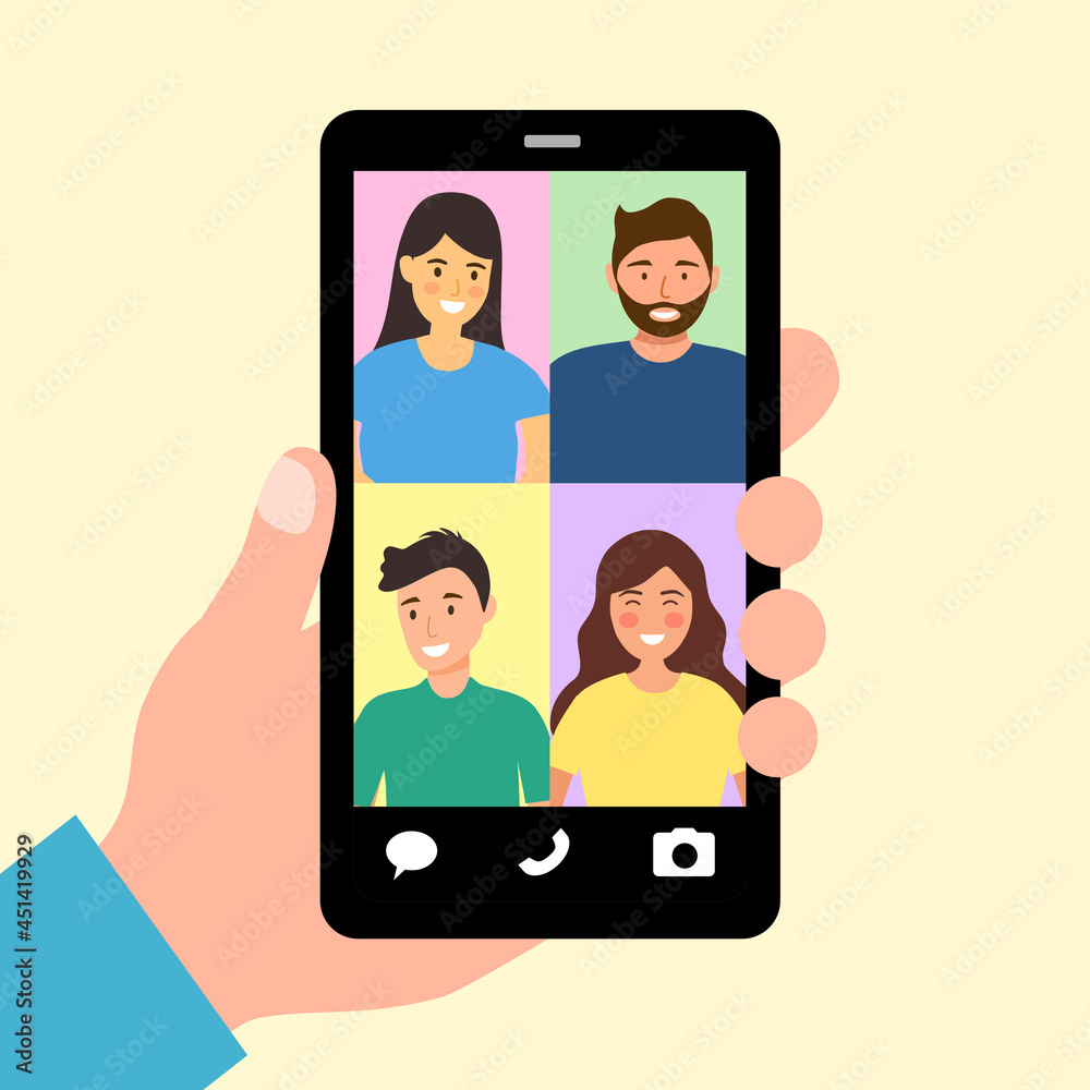 Hand holding smartphone and video call with colleagues or friends via mobile app. Video conference. Hand holding smartphone and video call with colleagues or friends via mobile app. Video conference.