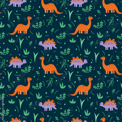 Cute pattern with wild dinosaurs. Infant background of animals among the tropics. Cartoon characters in nature. Background with animals for children s textiles in doodle. Vector illustration