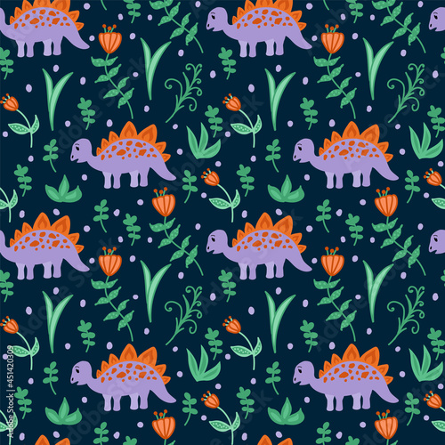 Background with dinosaurs among nature for a pattern. Children s Dino background for textiles. Cartoon characters with animals. Vector illustration