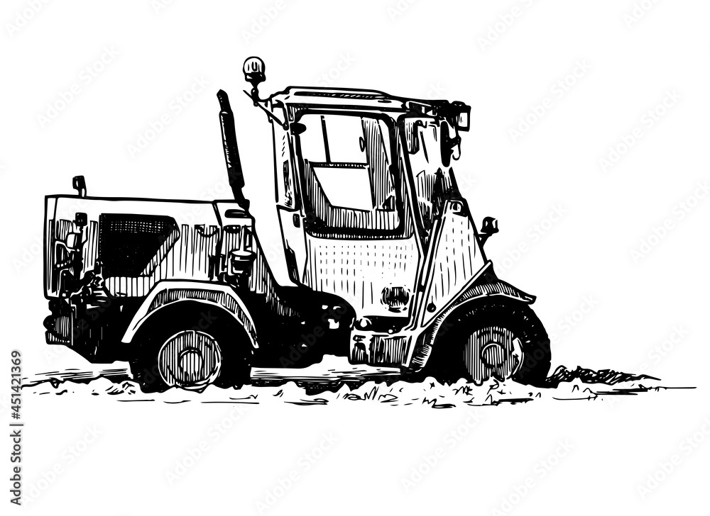 Naklejka premium Hand drawing of small farm tractor for agricultural work