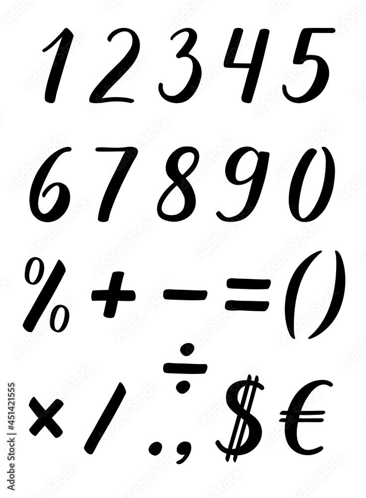 Numbers and percent, plus, minus, equals, brackets, multiplication, division, point, comma, dollar and euro signs. Handwritten lettering modern brush calligraphy. Black figures on white background. Numbers and percent, plus, minus, equals, brackets, multiplication, division, point, comma, dollar and euro signs. Handwritten lettering modern brush calligraphy. Black figures on white background.